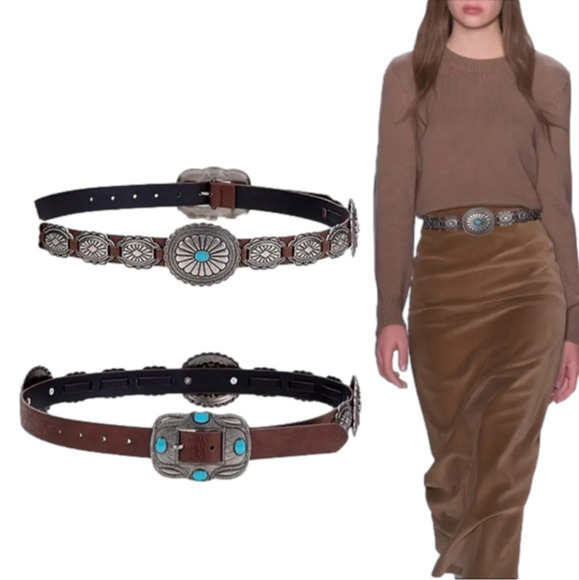 Oval Silver Concho on Brown PU Leather Cowgirl Western Waist Belt - Large - Picture 2 of 4